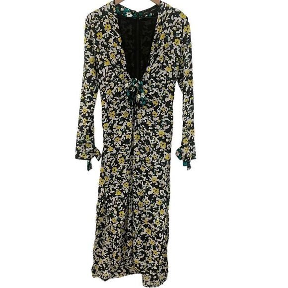 Proenza Schouler Yellow Floral Crepe Knot Midi Dress V-Neck Long Sleeve Size 2 - Picture 5 of 14